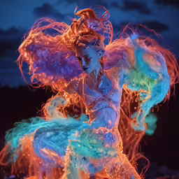 fire dancer dressed in blue and green