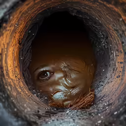 a child poking from inside a sewer with rain