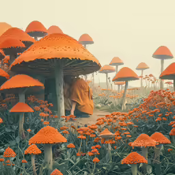 a man sits in an open field filled with orange mushrooms