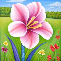 an art piece with a large flower on it,a painting of a large pink flower in a grassy field,an abstract flower is shown in this painting,a large pink flower is on a grassy field,the pink flower is on the field with grass and flowers