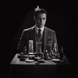 a man is sitting in front of a table filled with jars
