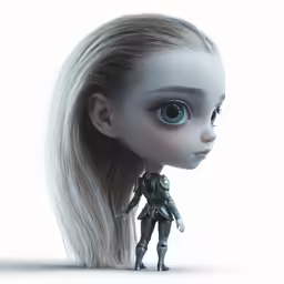 an alien girl in a black suit with a long white ponytail
