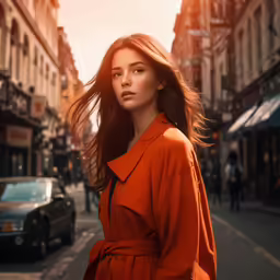 a beautiful young woman wearing an orange coat and looking ahead while standing on the street