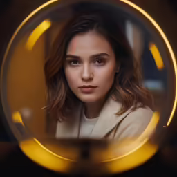 a girl sitting in front of a mirror while staring at the camera