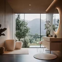 a bathroom with large windows and a large toilet