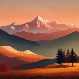some trees in a grassy field with mountains in the background,some hills and trees under the clouds and snow