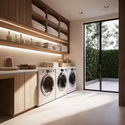 a clean modern washer and dryer are in the white kitchen