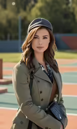 an attractive woman wearing a coat and holding a purse
