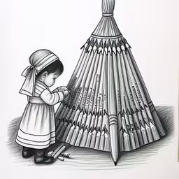 a pencil drawing of a girl looking at a house,drawing of a child putting crayons on a tower