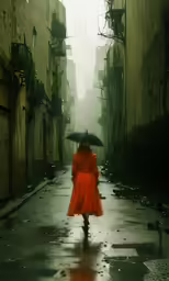 a woman in a red dress walks down the street in a rainy day