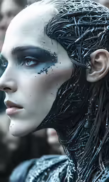 a woman with dark hair and makeup has spikes on her head