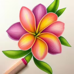 a pencil drawing of flowers and green leaves,this is an image of a flower made out of colored paper