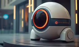 a robot with the eyes glowing in a building
