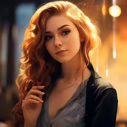 beautiful young red headed woman in a black shirt and white shirt,a pretty young lady with long red hair