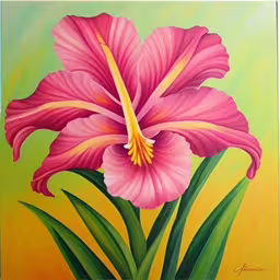 painting of a pink flower on a green background,a pink flower painted on a canvas, it is very colorful,a painting of a pink flower on green background,an abstract painting of a pink flower,a painting with some very pretty pink flowers