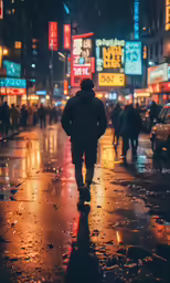 a man walks down a street while the rain falls