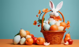 an easter bunny in a basket surrounded by oranges and white eggs