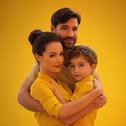 two adults and a child are together in an image
