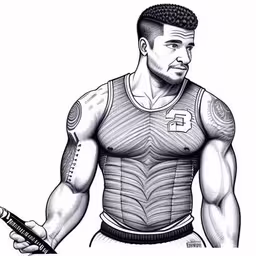a man with muscles and a headband, wearing a sleeveless shirt,person from the hitman silhouette and ballpoint pen drawing,a sketched drawing of a man with his arm wrapped around his wrist,a drawing of a man holding two pens in his hands,a man with tattoos is holding an apple