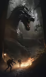 two monsters walking down a path in a dark forest