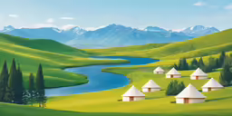 some tents are in the middle of green mountains