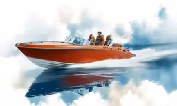 three people riding in an orange and white speed boat