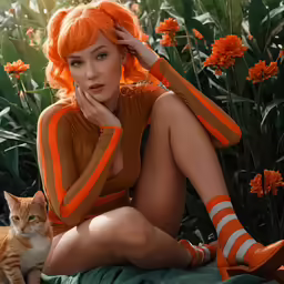 a woman sits on a green and orange cover up with her hand on her head