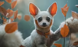 a cute chihuahua dog holds his paw against a wall of fall foliage