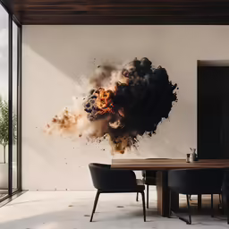 this picture has a black smoke explosion flying out
