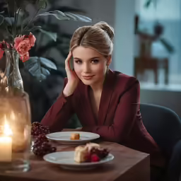 a woman sitting at a table with some food in front of her