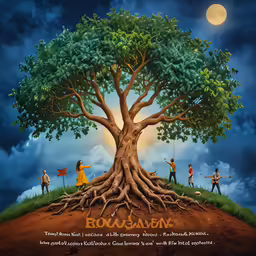a painting shows a group of people playing instruments beneath a tree with roots that grows into the ground