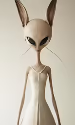 a strange figure with large eyes in white dress