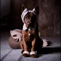 the brown dog is wearing a towel on his head