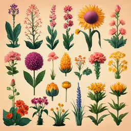 an illustration of various kinds of flowers on a light background,a bunch of flowers are on a yellow background