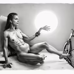 naked woman and bicycle sitting in a white room