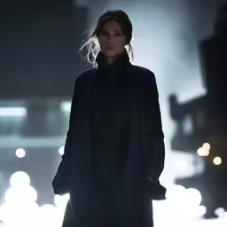 the lady stands on the runway in a black coat