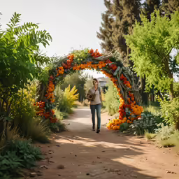 a woman is walking down the road in front of a sculpture of fruit