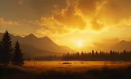 the sun sets in an otherwise cloudy setting over a mountain meadow