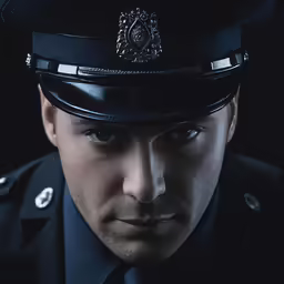 the man in the police uniform is posing for a photo
