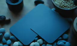 the blue folder is resting next to the rocks