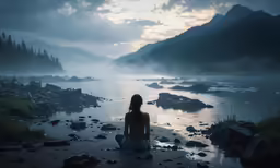 a woman is sitting down on the bank of a lake at twilight