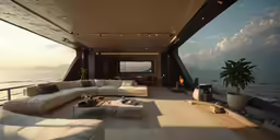 the interior of a large boat with couches