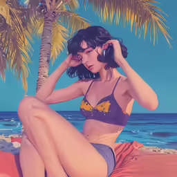 a woman sitting on top of a beach
