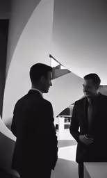 two men dressed in suits are standing in front of an abstract structure