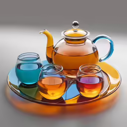 the colorful tea set is displayed with glass in it