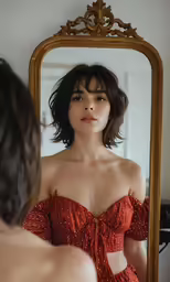a beautiful woman looking into a mirror in a room