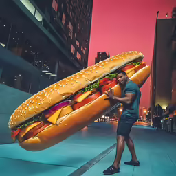 a man carrying a huge footlong hotdog