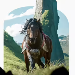 a beautiful horse that is walking around some grass