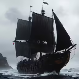 a pirate ship floating in the water on a cloudy day