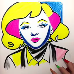 a drawing of a female in a colorful wig,someone is drawing something with color pencils on the paper,a drawing of a woman with blue eyes and pink hair,the drawing is of a woman in blue, yellow and pink,a woman with blonde hair is drawn by a colored pencil